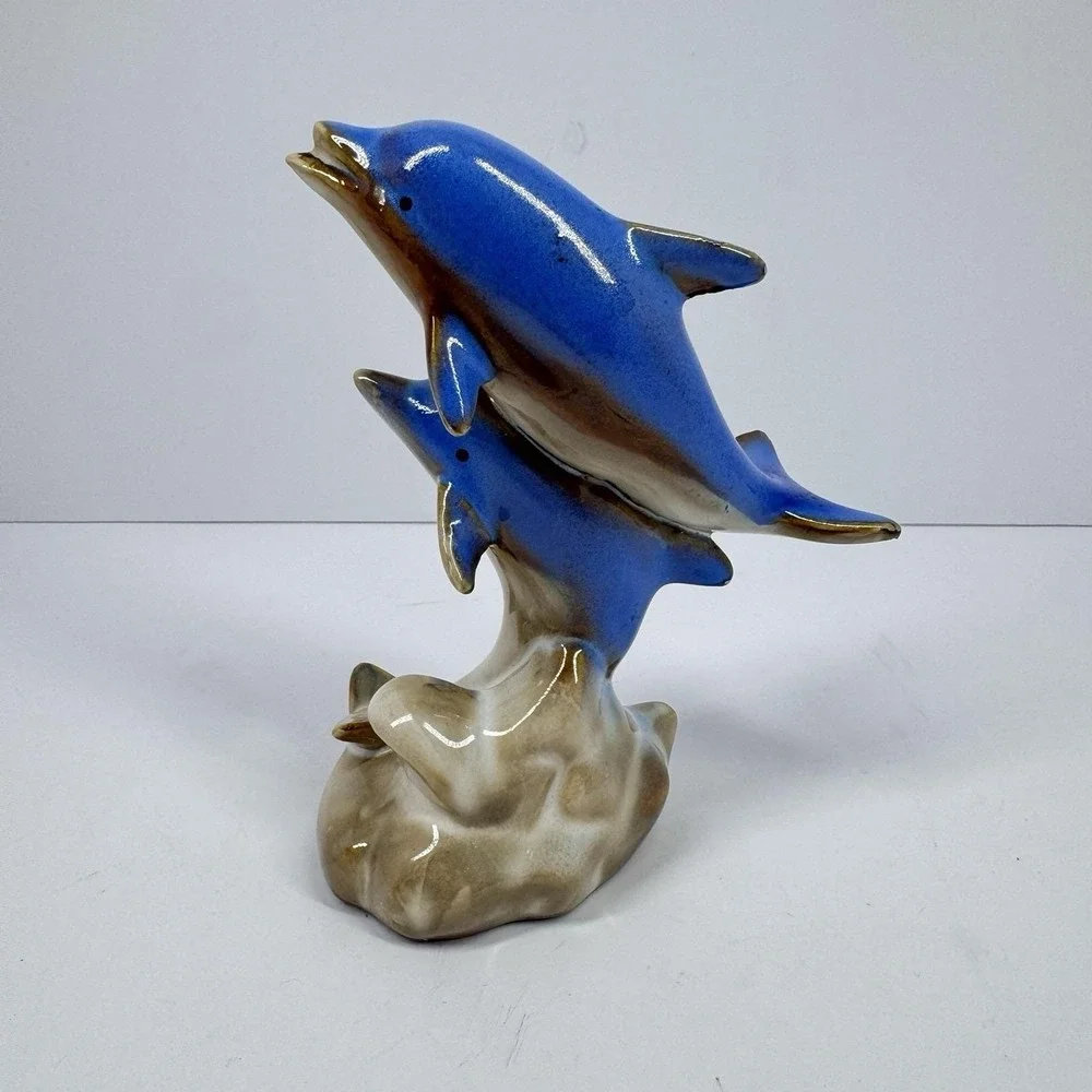 Vintage Double Dolphin Ceramic Figurine Blue Glazed Ocean Coastal Nautical Decor